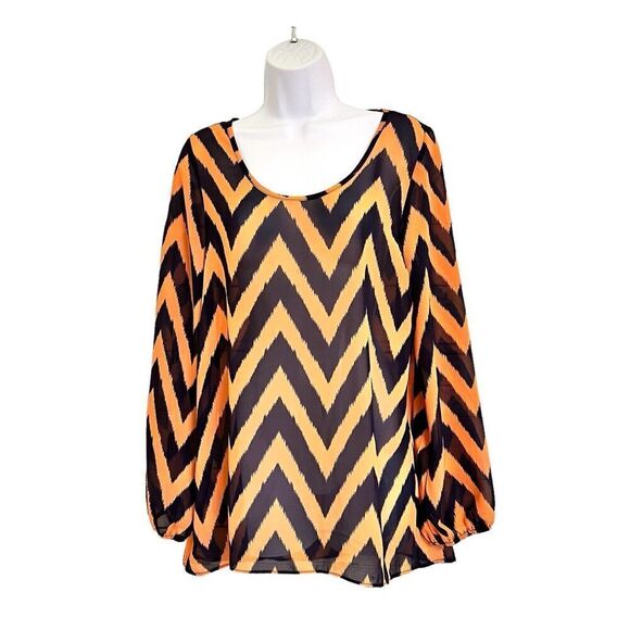 Moa‎ Moa Blouse Top Size M Long Sleeves Chevron Pattern Semi Sheer Orange Navy - Picture 3 of 12